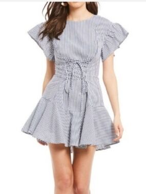Wayf Hyrum Blue and White Striped Corset-Waist Mini Dress Small 🌞